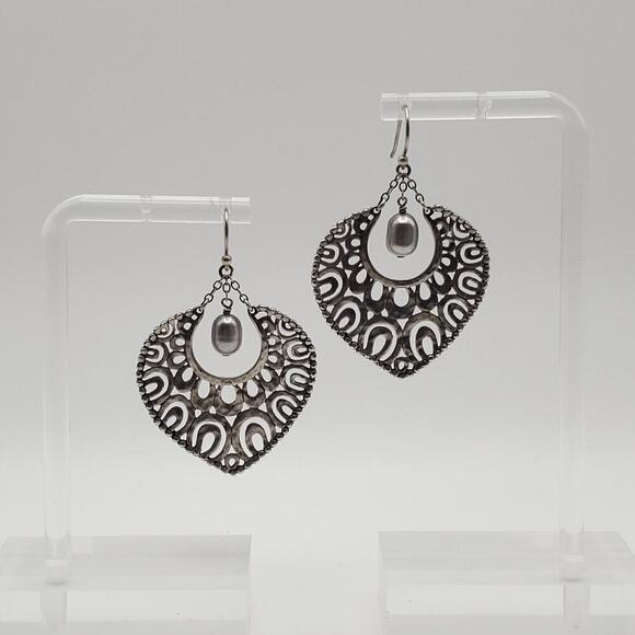 Retired Silpada Large Exotic Open Textured Sterling Pearl Dangle Earrings W1813 - Picture 1 of 4